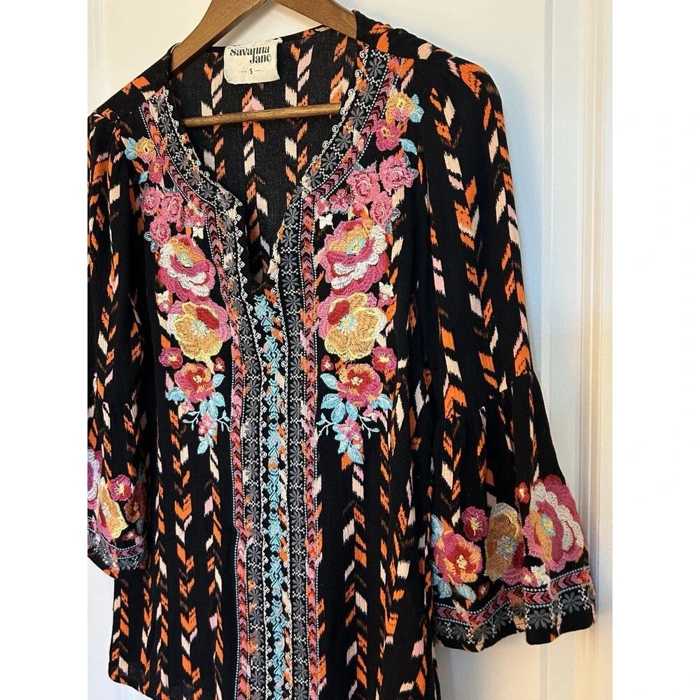 Savanna Jane Embroidered Boho Tunic Top Small Floral Peasant Festival Blouse - Picture 3 of 11
